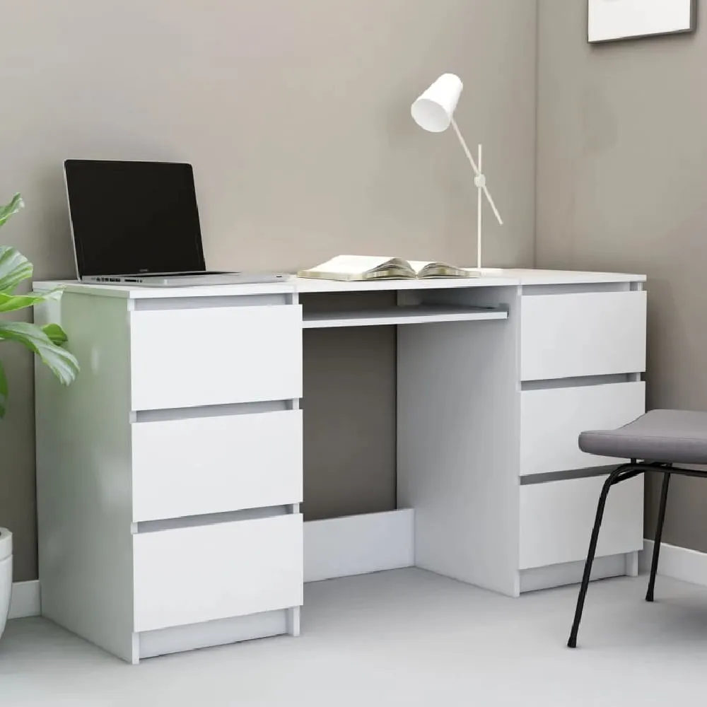 Abingdon Laptop Desk with 6 Drawers - White, Engineered Wood