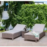 Aboba Rattan Garden Sun Lounger Pair with Table - Grey