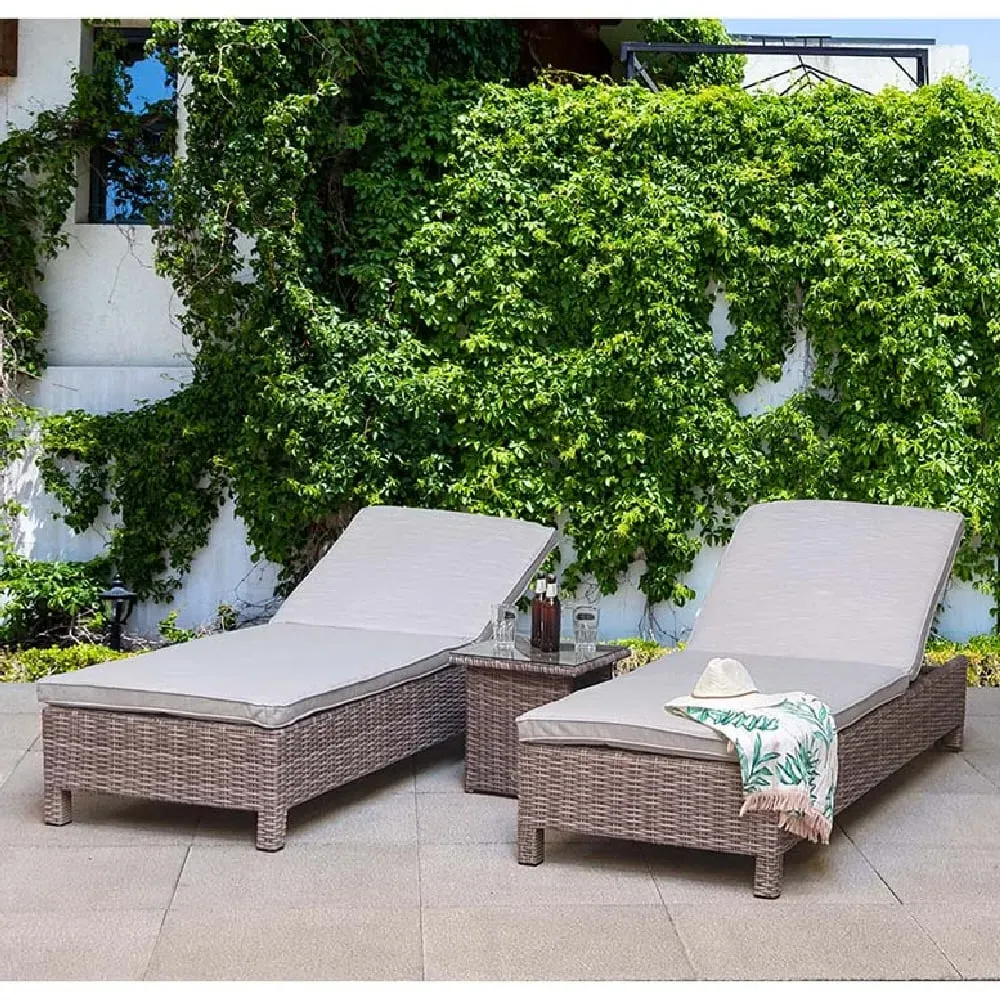 Aboba Rattan Garden Sun Lounger Pair with Table - Grey image