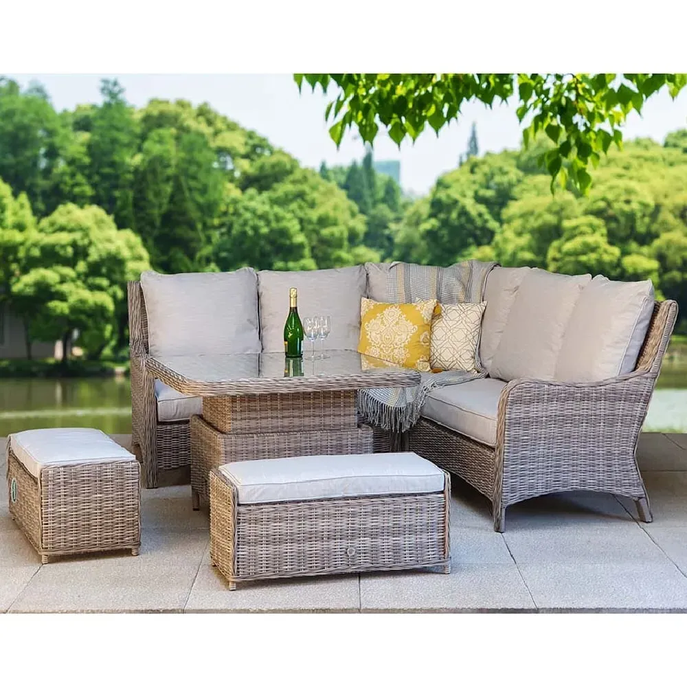 Abobo Corner Dining Set with 2 Ottomans - Grey, Rattan