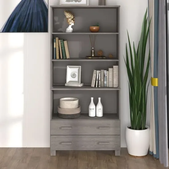 Abril Pinewood Bookcase with 3 Shelves 2 Drawers - Light Grey