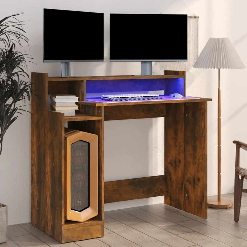 Acampo Laptop Desk with LED Lights - Smoked Oak, Wood