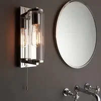 Adel Cylinder Bathroom Wall Light with Pull Cord - Chrome, Glass
