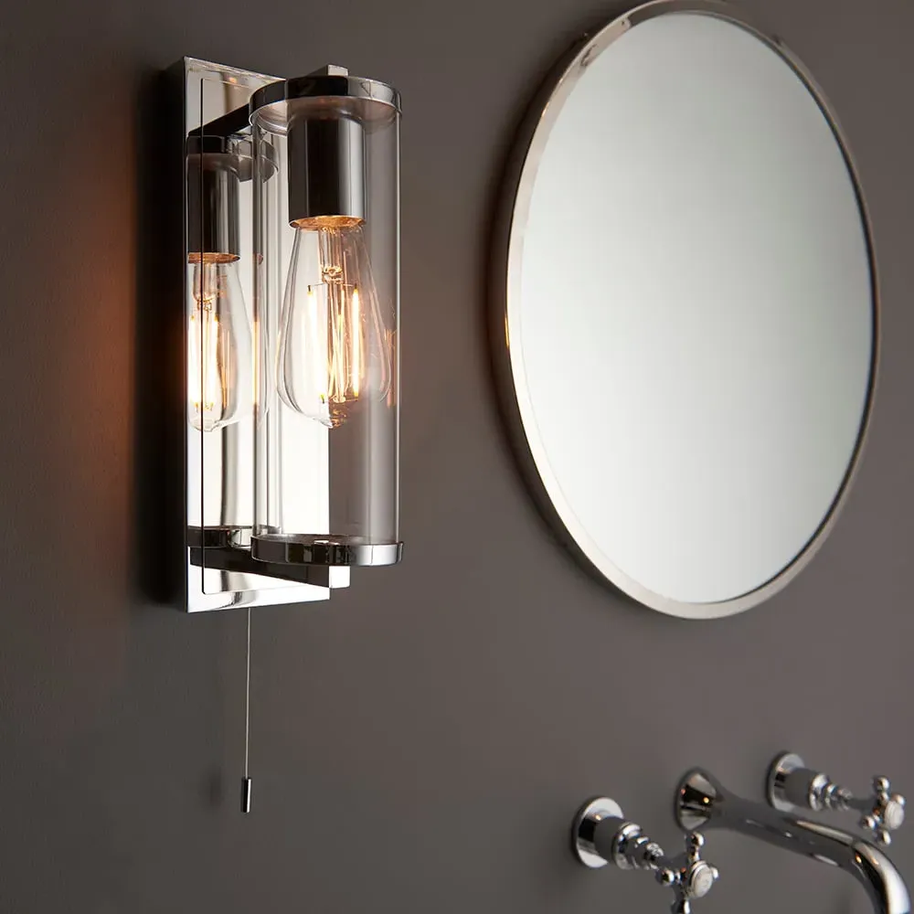 Adel Cylinder Bathroom Wall Light with Pull Cord - Chrome, Glass image