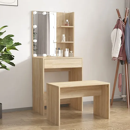 Adhra Dressing Table Set with LED Lights - Sonoma Oak, Engineered Wood product