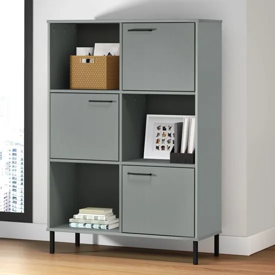 Adica Solid Wood Bookcase with 3 Doors - Grey, Pine