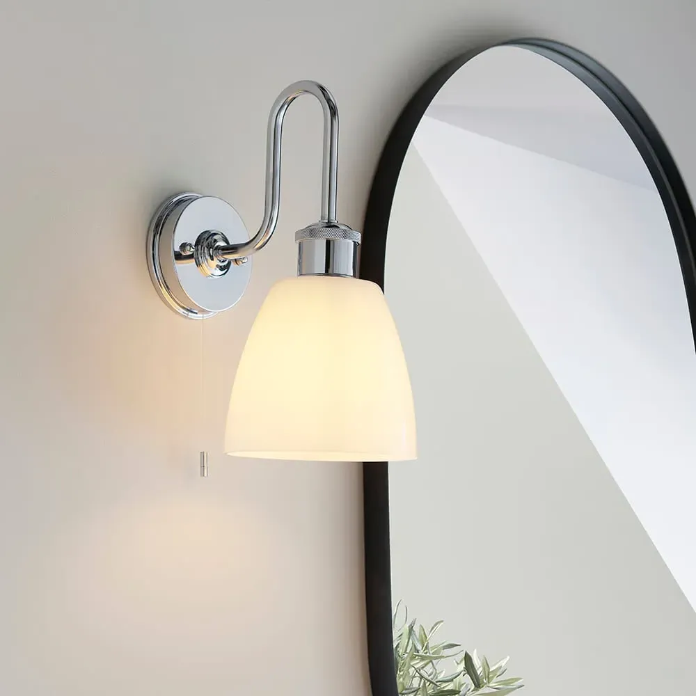 Afton Bathroom Wall Light with Pull Switch - Chrome, Glass