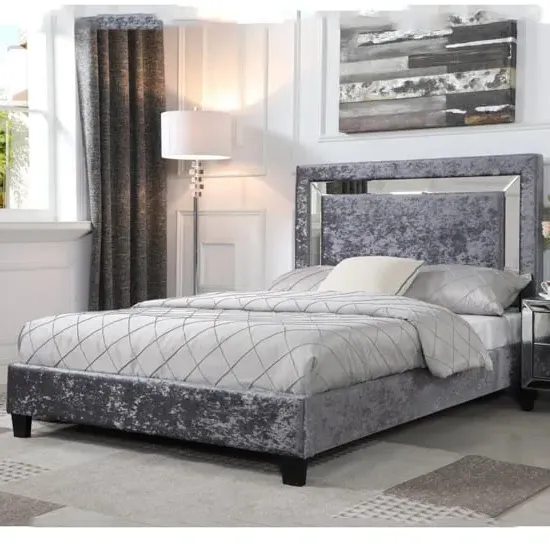 Agalia King Size Bed with Mirror Edge - Silver, Crushed Velvet image