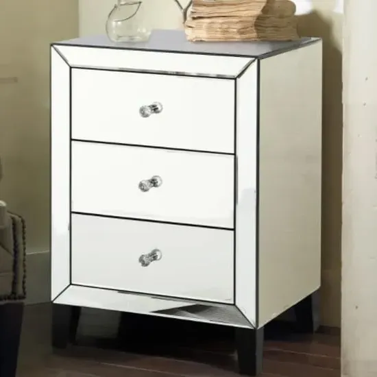 Agalia Mirrored Bedside Cabinet with 3 Drawers - Silver