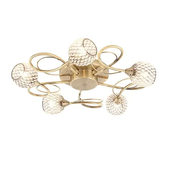 Aherne 5 Lights Semi Flush Ceiling Light - Antique Brass, Glass