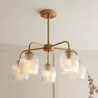 Aiken 5 Light Ribbed Glass Ceiling Light - Brushed Aged Brass
