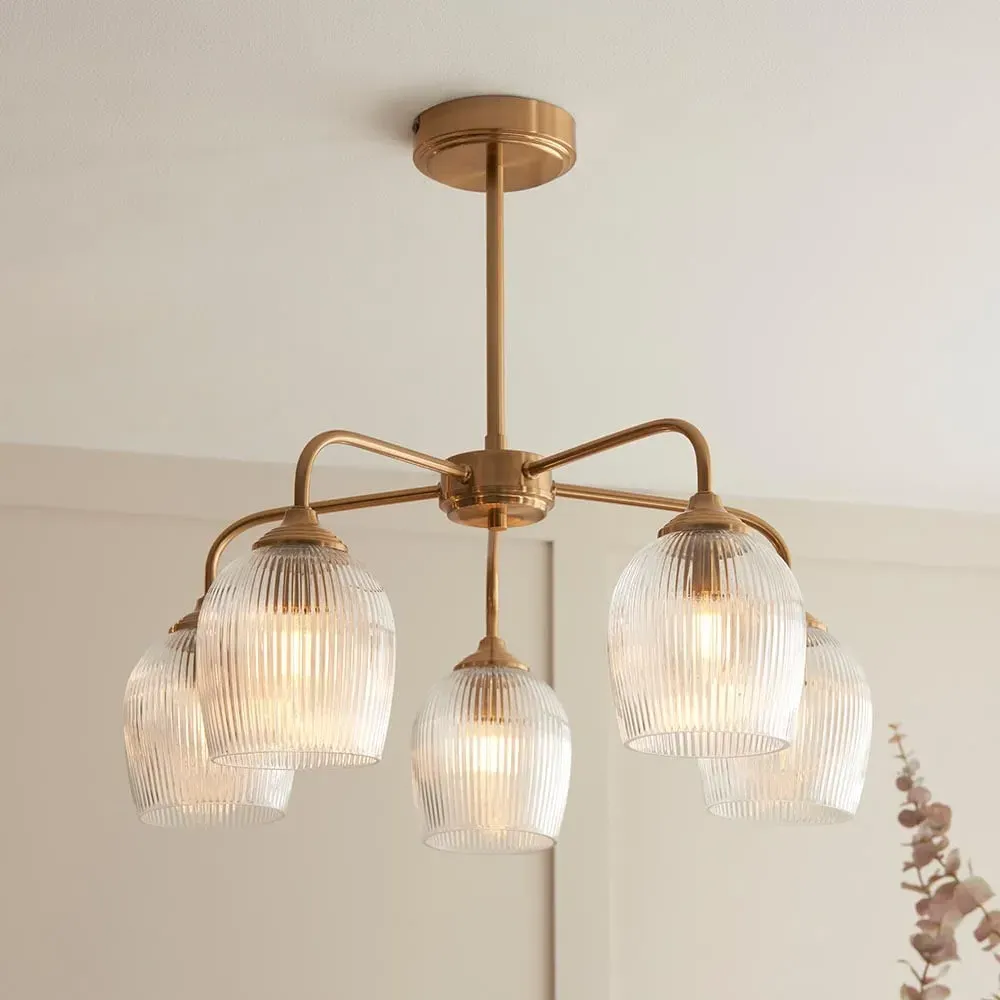 Aiken 5 Light Ribbed Glass Ceiling Light - Brushed Aged Brass