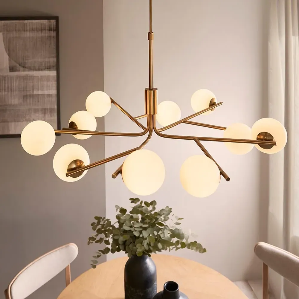 Aiken Glass 10 Light Pendant Ceiling Light - Brushed Aged Brass