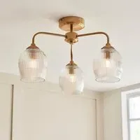 Aiken Ribbed Glass Semi Flush Ceiling Light - Brushed Aged Brass