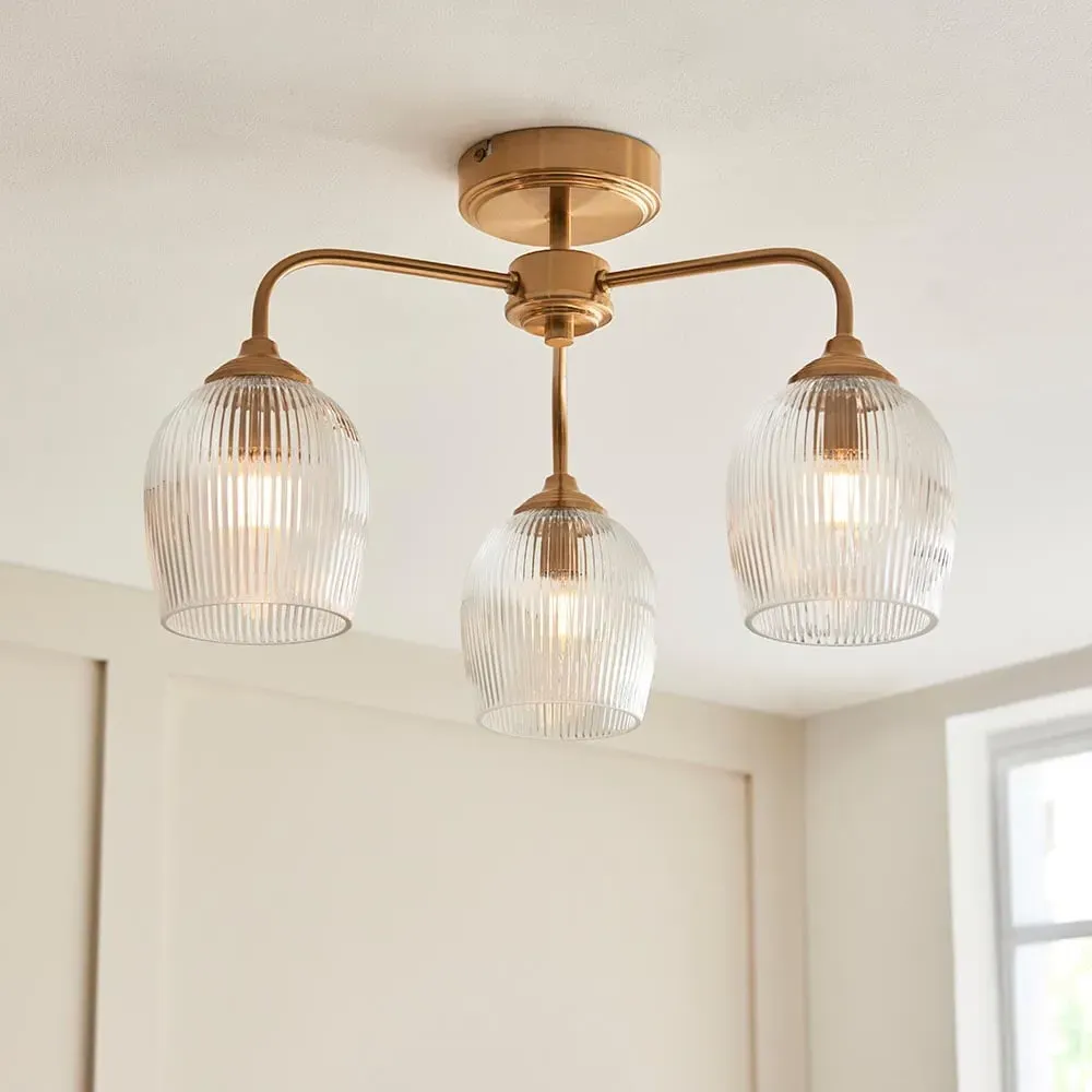 Aiken Ribbed Glass Semi Flush Ceiling Light - Brushed Aged Brass
