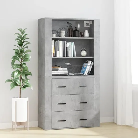 Ailie Highboard with 3 Drawers 2 Shelves - Concrete Effect, Engineered Wood
