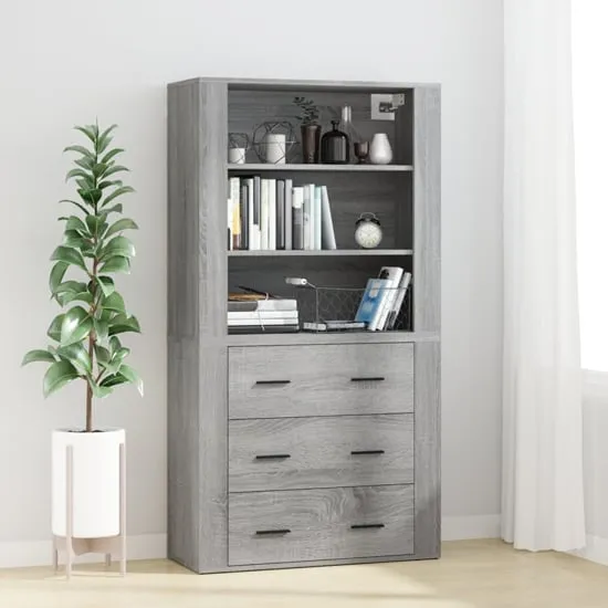 Ailie Highboard with 3 Drawers 2 Shelves - Grey Sonoma Oak, Engineered Wood