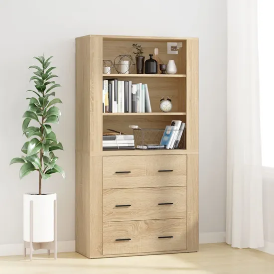 Ailie Highboard with 3 Drawers 2 Shelves - Sonoma Oak, Engineered Wood