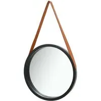 Ailie Small Round Wall Mirror with Faux Leather Strap - Black