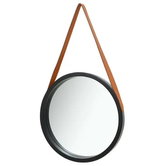 Ailie Small Round Wall Mirror with Faux Leather Strap - Black