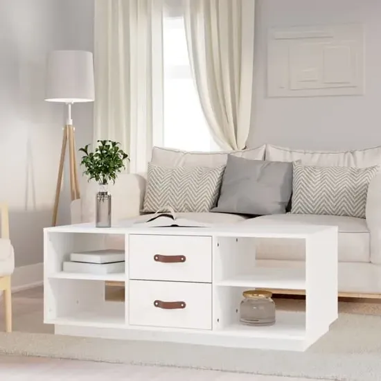 Aivar Coffee Table with 2 Drawers - White, Pine Wood