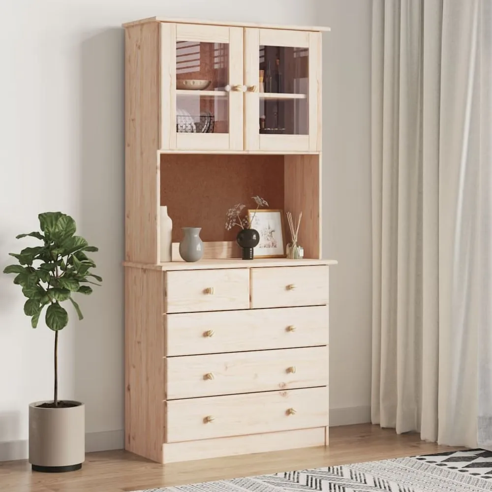 Akron Display Cabinet with 2 Doors 5 Drawers - Natural, Pine
