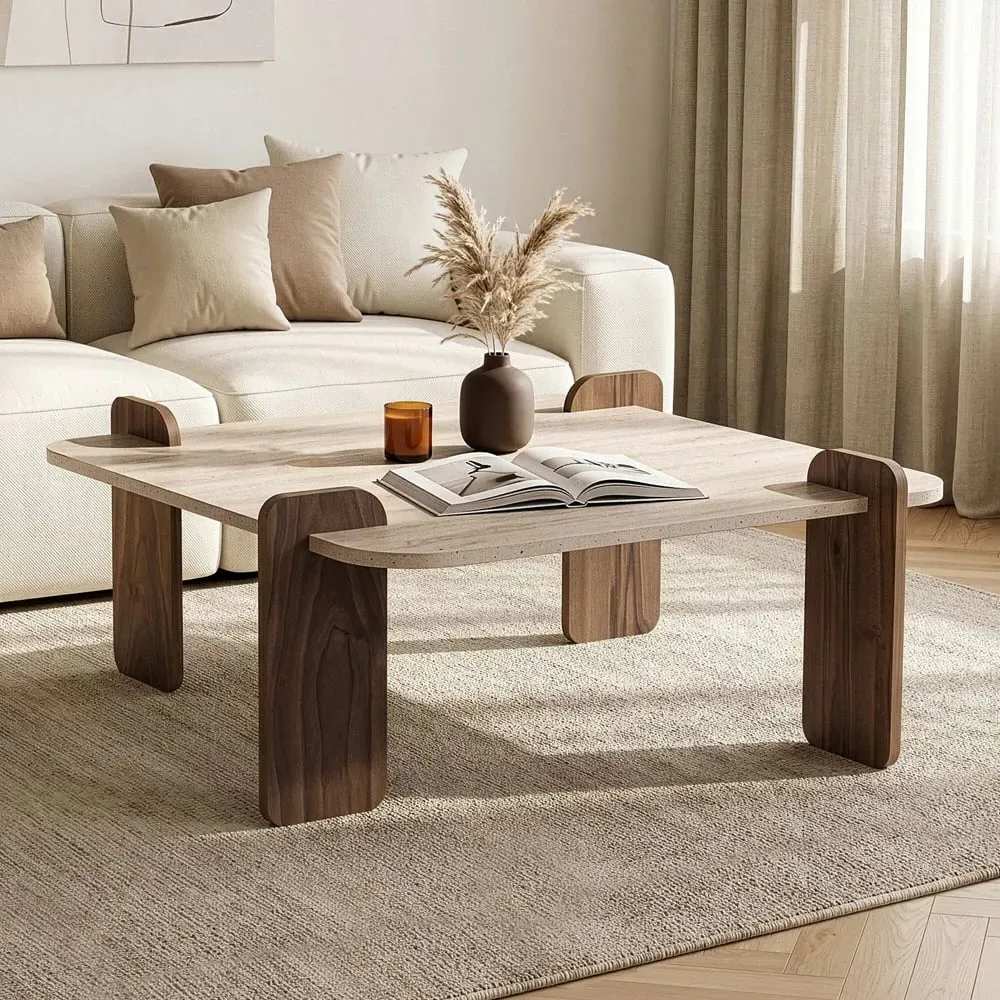 Albury Square Coffee Table - Travertine Marble Effect, Walnut product