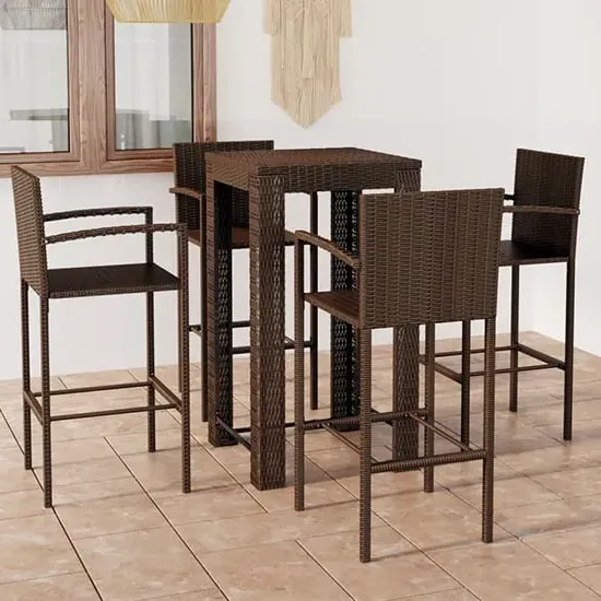 Aldis Square Bar Table with 4 Stools - Brown, Poly Rattan