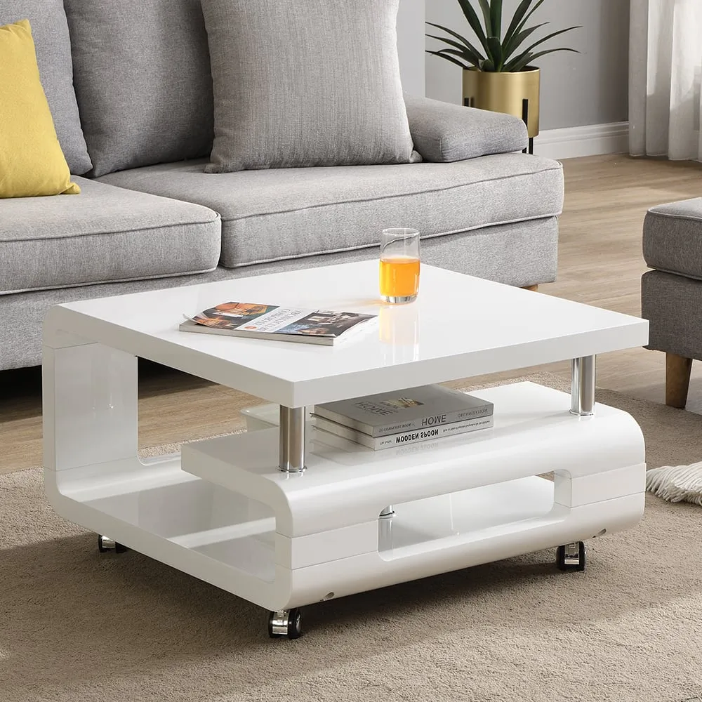 Alena Square Coffee Table with Wheels - White, High Gloss image