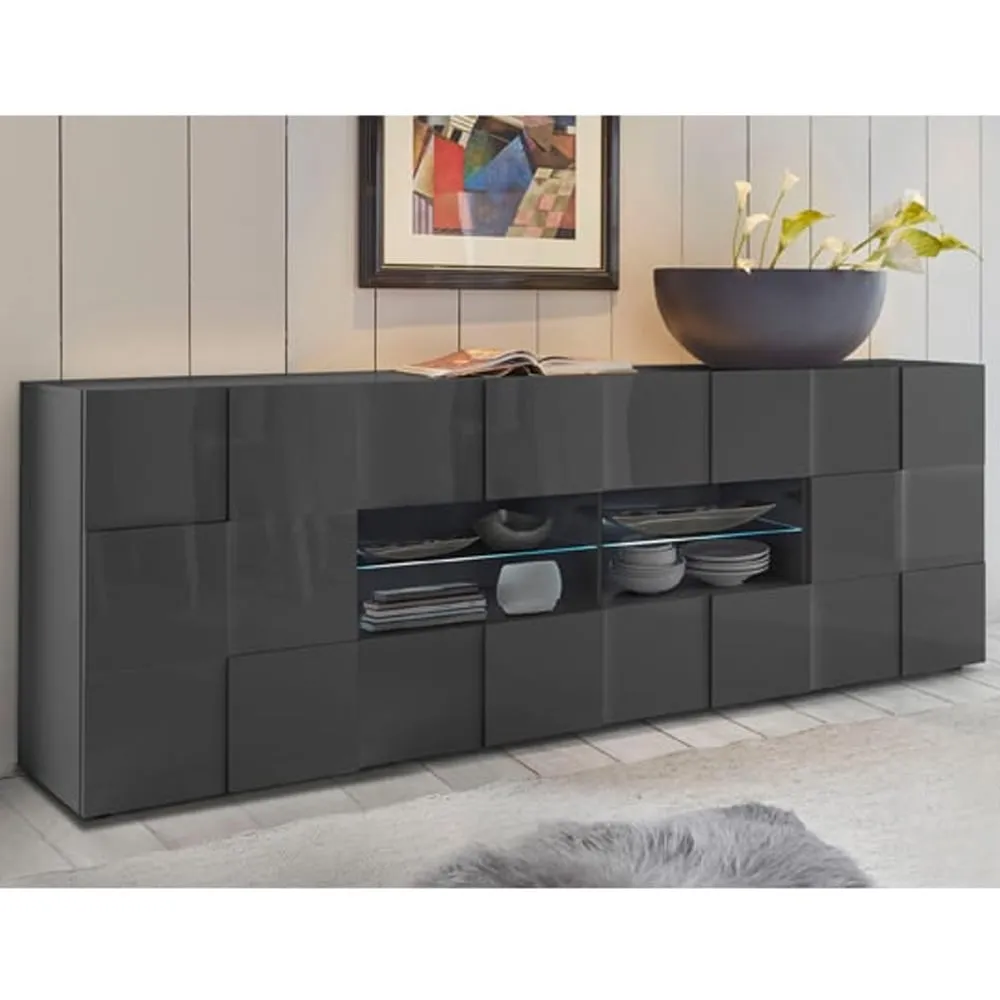 Aleta High Gloss Sideboard with 2 Doors 4 Drawers - Grey