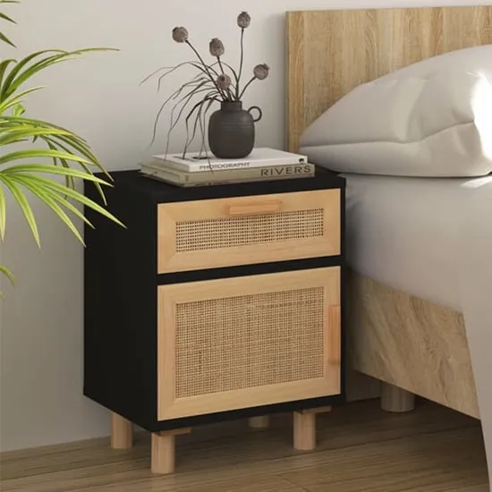 Alfy Bedside Cabinet with Drawer - Black, Rattan