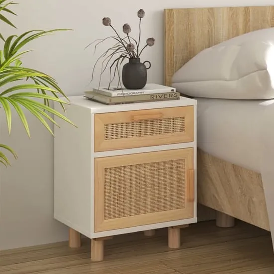 Alfy Bedside Cabinet with Drawer - White, Rattan image