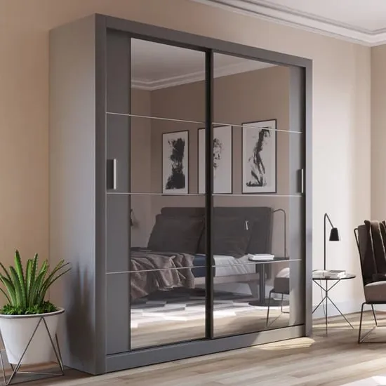 Allen 2-Door Wardrobe with Mirrored Sliding Doors - Grey