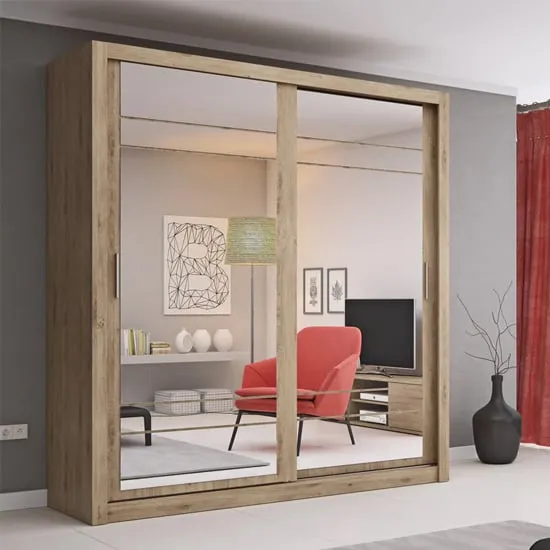 Allen 2-Door Wardrobe with Mirrored Sliding Doors - Shetland Oak