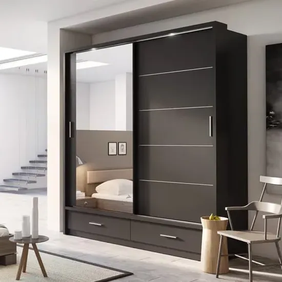 Allen 2-Door Wardrobe with Sliding Doors and Drawers - Black