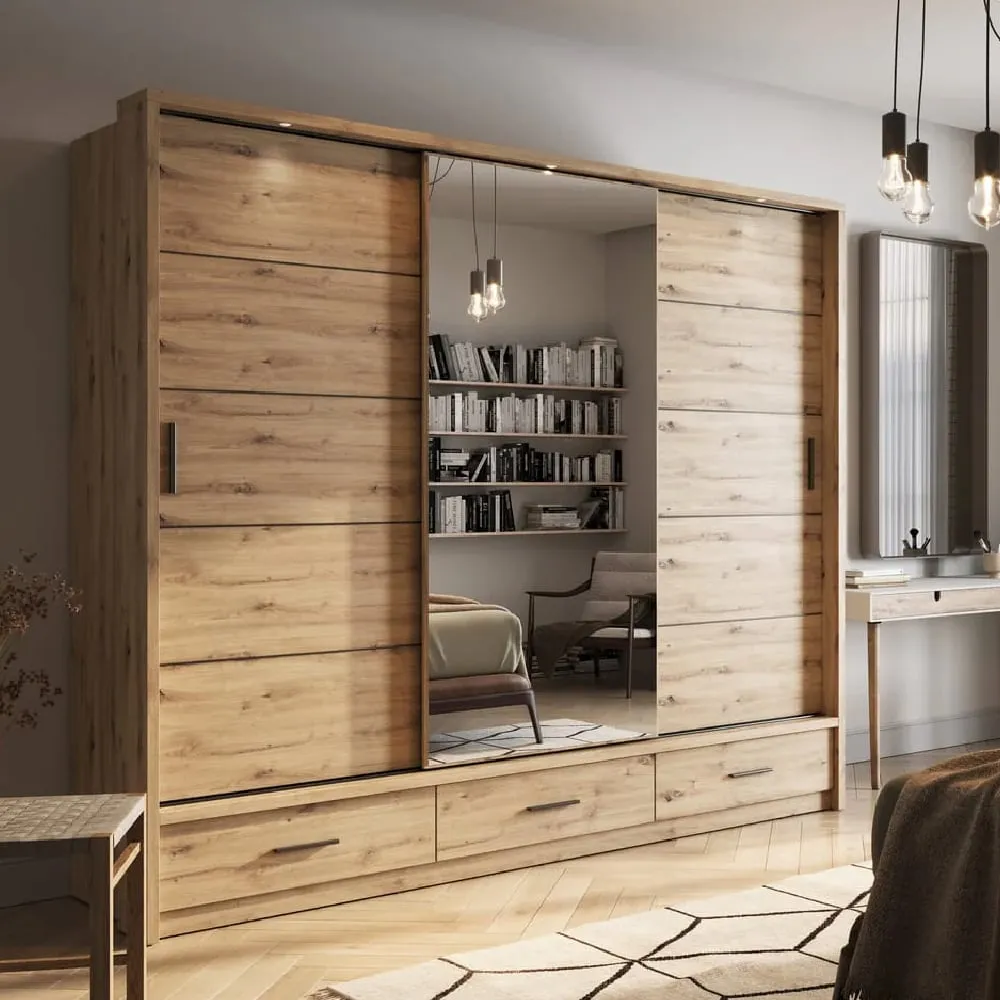 Allen 3-Door Wardrobe with LED and Mirror - Artisan Oak