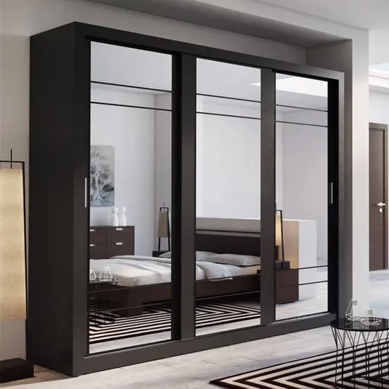 Allen 3-Door Wardrobe with Mirrored Sliding Doors - Black