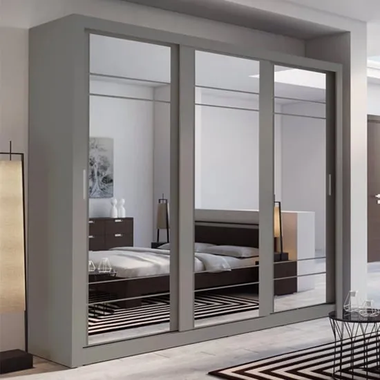 Allen 3-Door Wardrobe with Mirrored Sliding Doors - Grey