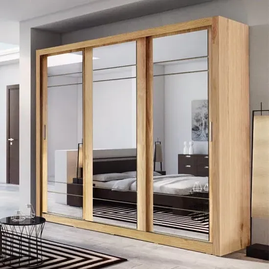 Allen 3-Door Wardrobe with Mirrored Sliding Doors - Shetland Oak