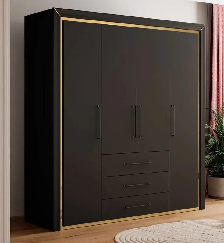 Allen 4-Door Wardrobe with Drawers - Black, Laminated Board