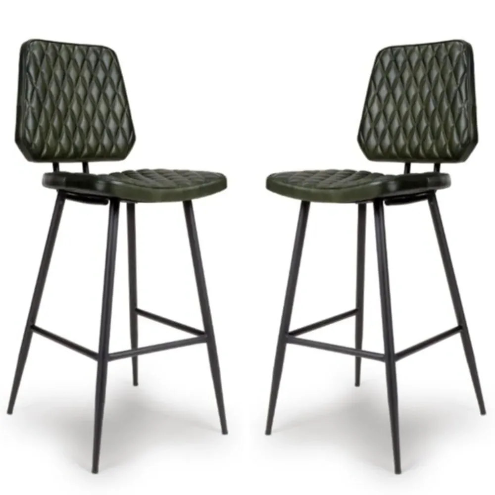 Allen Bar Chairs in Pair - Green, Leather