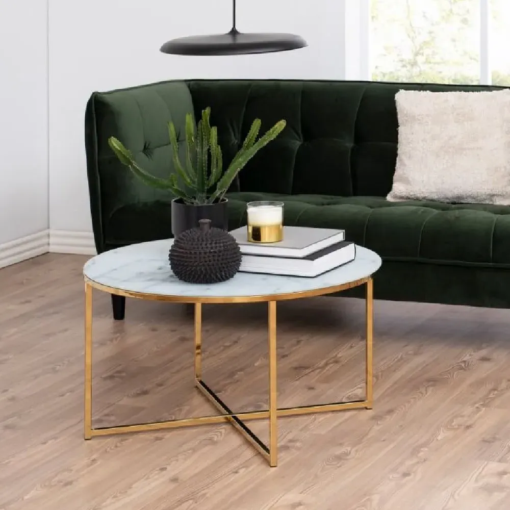 Allen Coffee Table with Glass Top - White, Gold