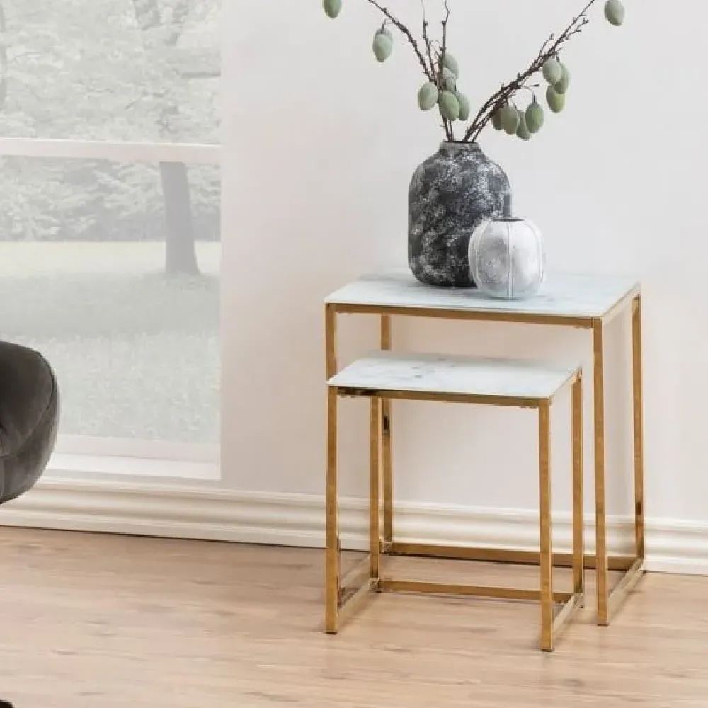 Allen Nesting Tables with Glass Top - White, Gold