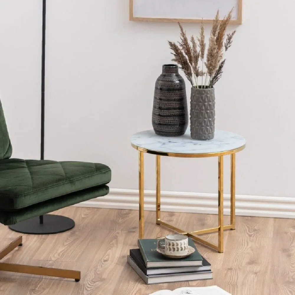 Allen Side Table with Glass Top - White, Gold image