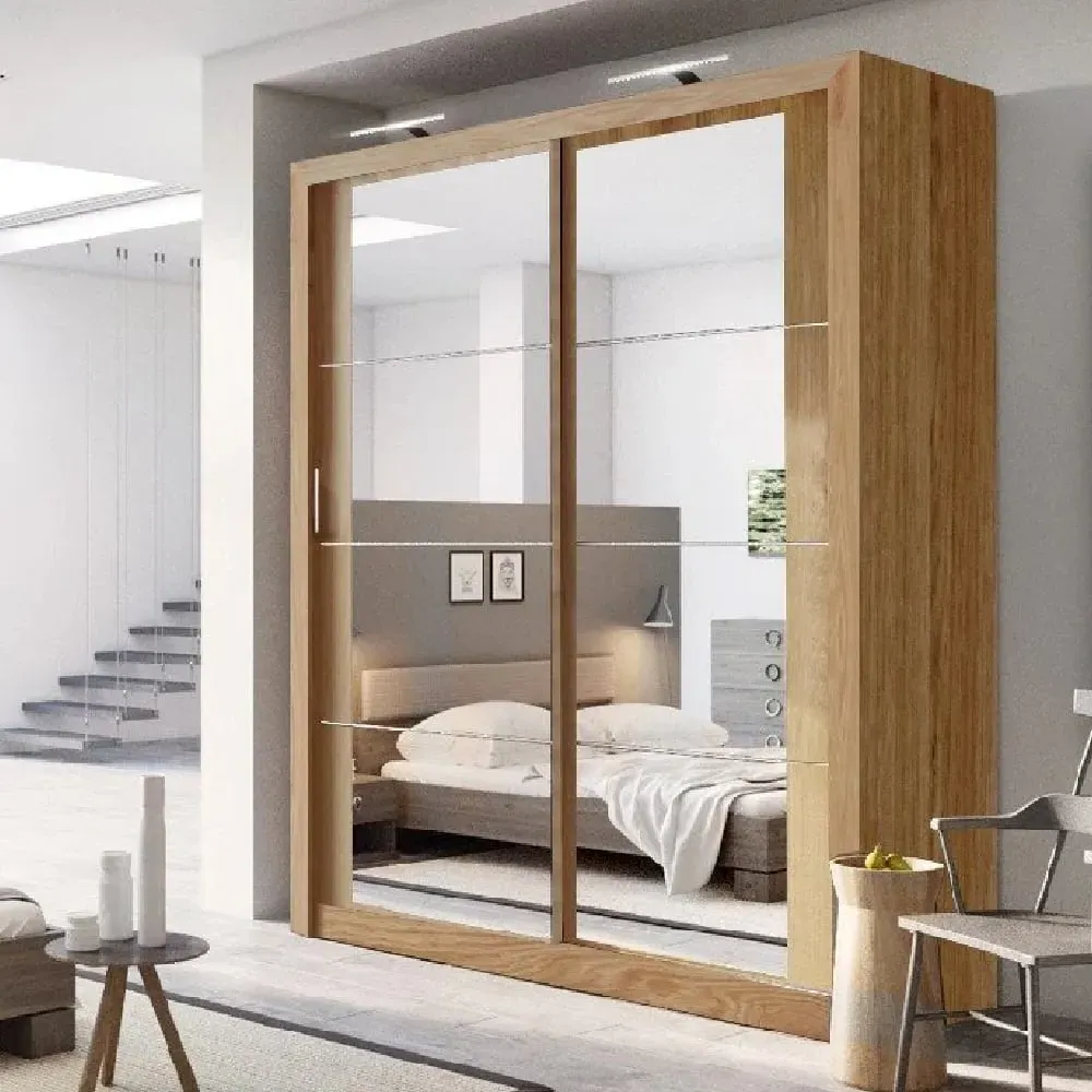 Allen Wardrobe with Mirrored Sliding Doors - Shetland Oak