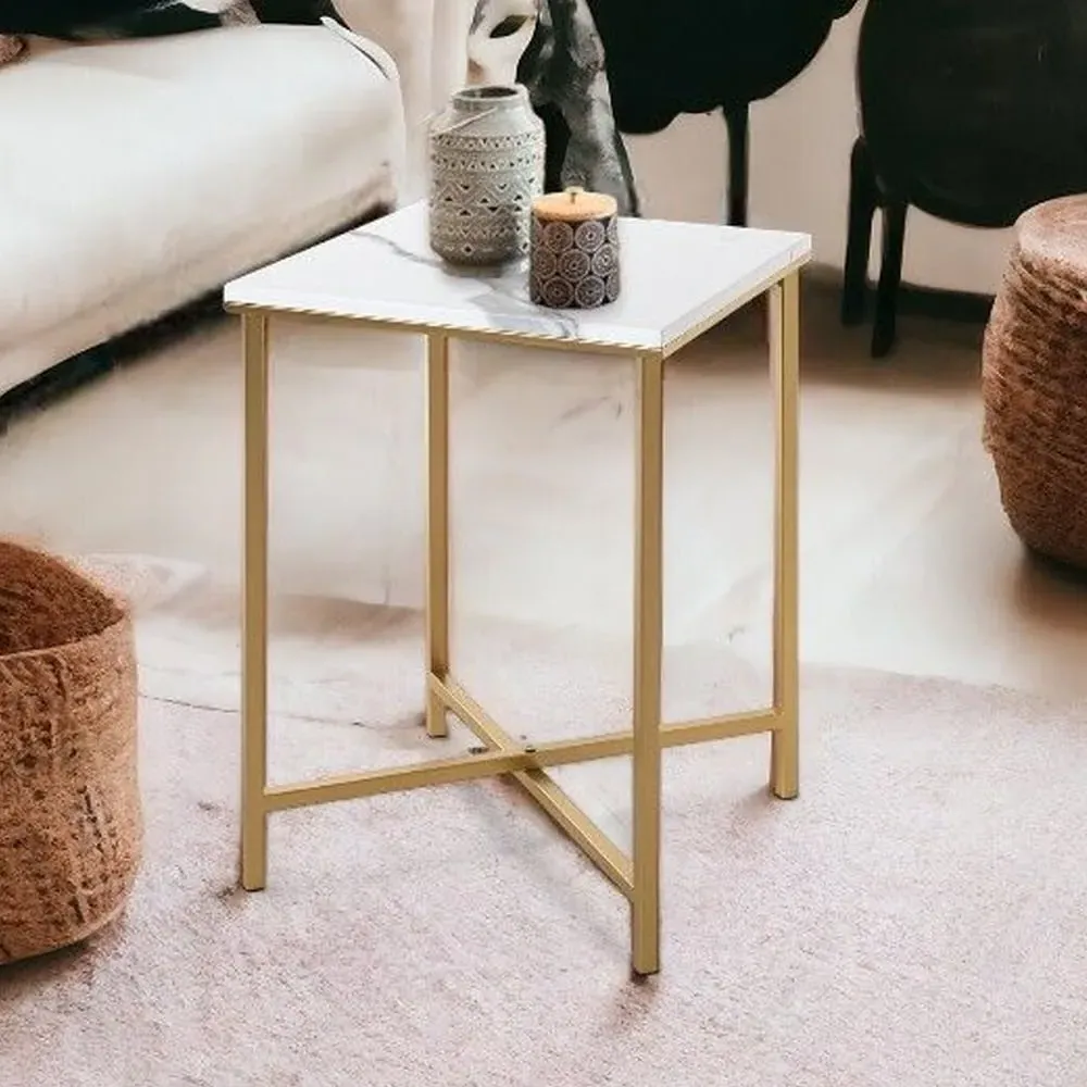 Allerton Small Square End Table - White Marble Effect, Wood