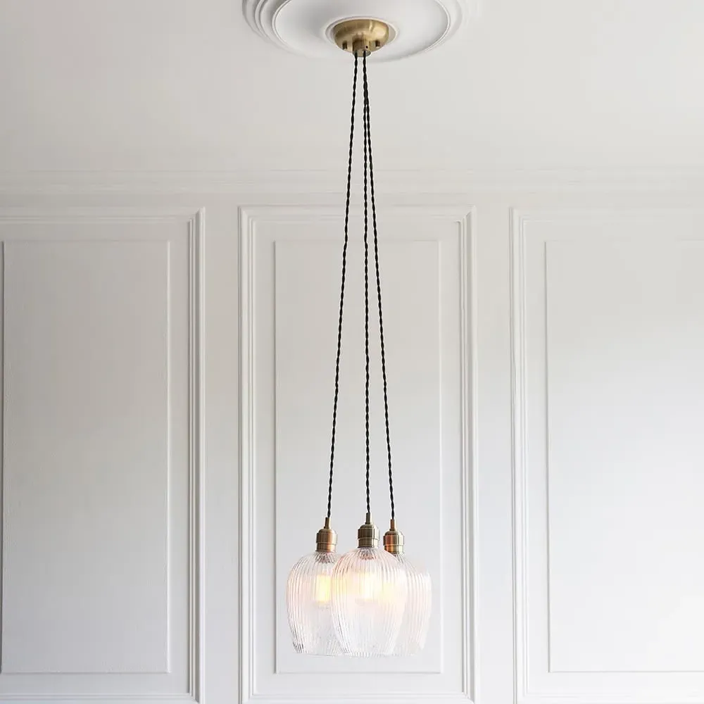 Allston 3 Ribbed Glass Pendant Ceiling Light - Antique Brass image
