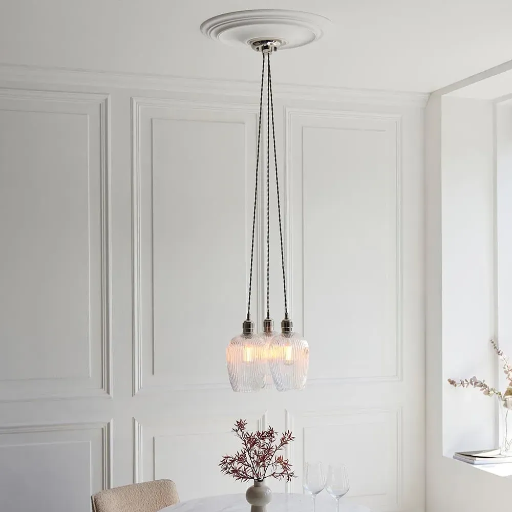 Allston 3 Ribbed Glass Pendant Ceiling Light - Nickel