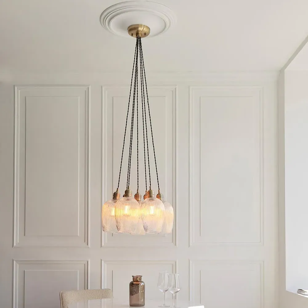 Allston 7 Ribbed Glass Pendant Cluster Ceiling Light - Antique Brass