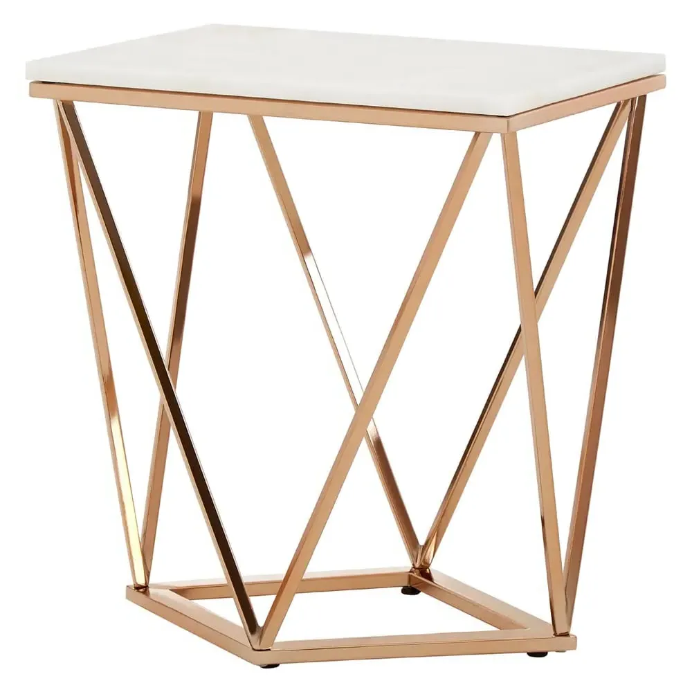 Allston Geometric End Table - White Marble, Rose Gold